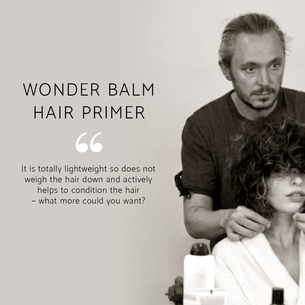 Person getting a haircut with text about volumising conditioner on a light gray background