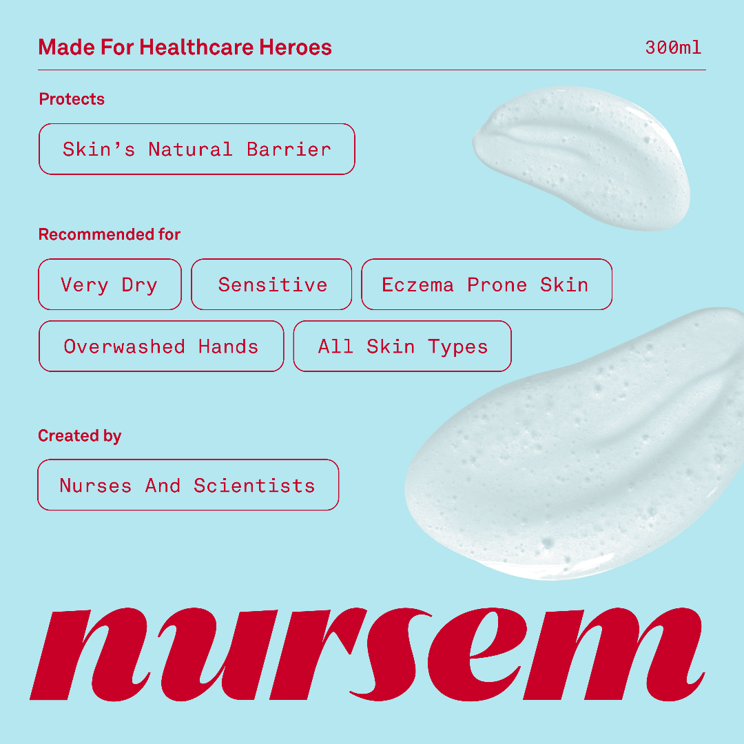 Product packaging for 'nursem' with text about skin care benefits on a light blue background