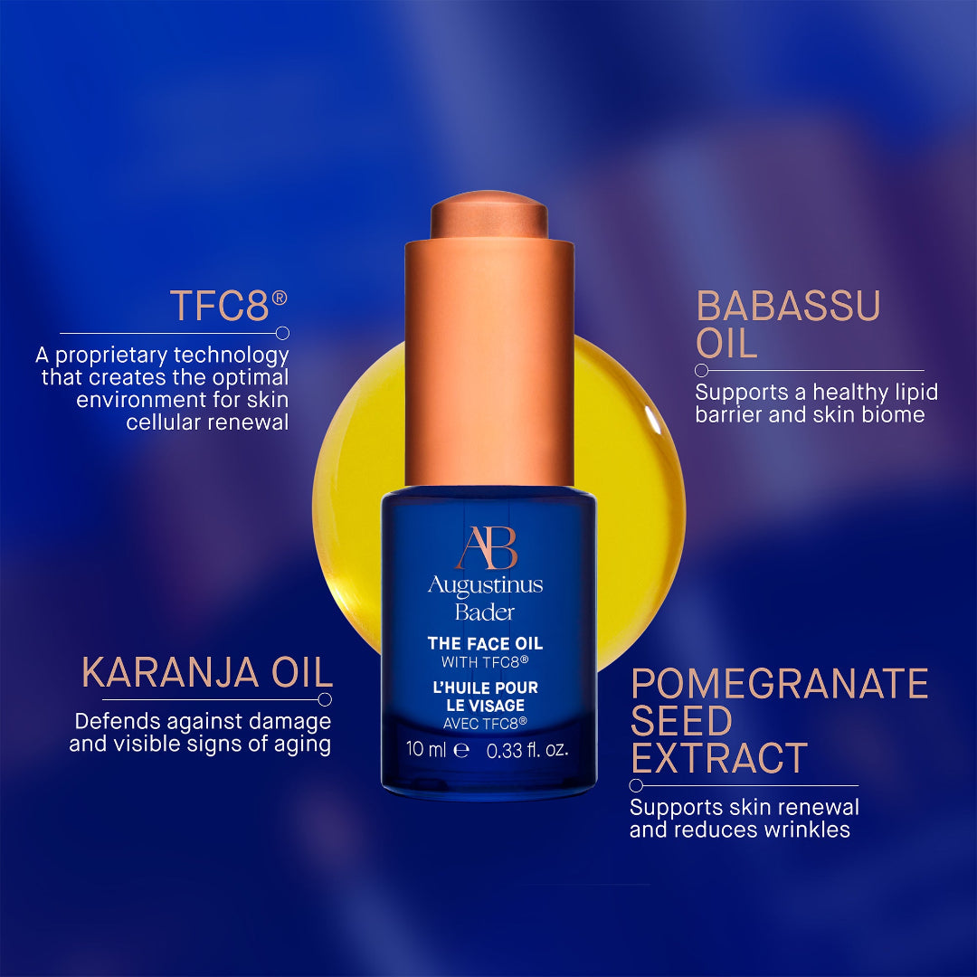 Blue bottle of Augustinus Bader face oil with text highlighting ingredients and benefits on a blue background