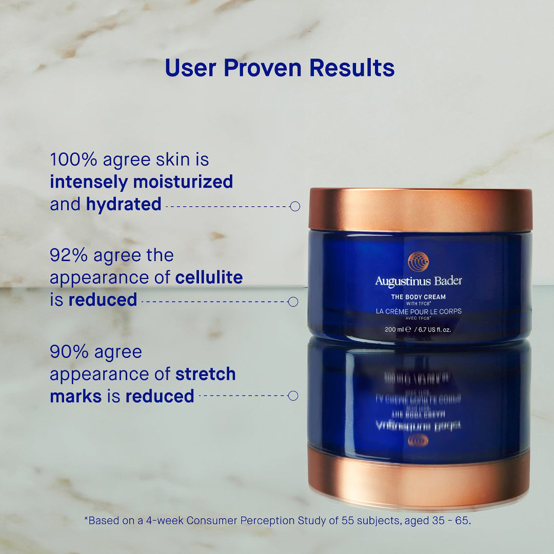 Blue and bronze jar of Augustinus Bader body cream with user proven results text on a marble background