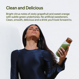 Woman holding a green smoothie bottle with text about the drink's flavor profile.