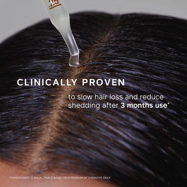 Dropper applying a liquid to hair with text about clinical proven benefits on hair loss and shedding.