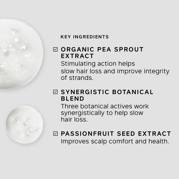 Key ingredients of a hair care product with organic pea sprout extract, synergistic botanical blend, and passionfruit seed extract on a light gray background.