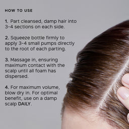 Hair care product use instructions with a close-up of hair and scalp.