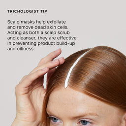 Person with a white line on their head, likely a scalp mask, with text about trichologist tips.