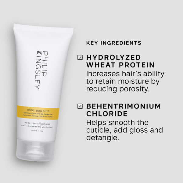 Tube of Philip Kingsley conditioner with key ingredients listed on a light gray background