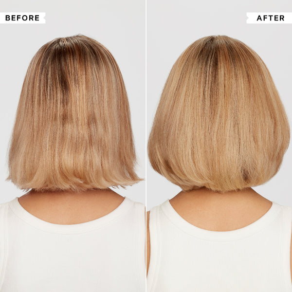 Before and after comparison of a haircut with a person wearing a white top.