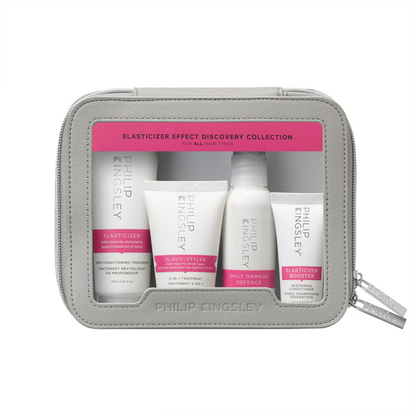 Philip Kingsley Elasticizer Effect Discovery Collection travel kit in a light gray zippered pouch, containing four white hair care bottles and tubes with pink labels.