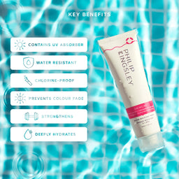 Phinsey Swim Club swim hair product tube floating over a blue tiled pool background with text listing key benefits: contains UV absorber, water resistant, chlorine-proof, prevents color fade, strengthens, and deeply hydrates.