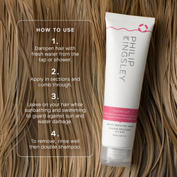 Tube of Philip Kingsley product with instructions on how to use it against sun and water damage.