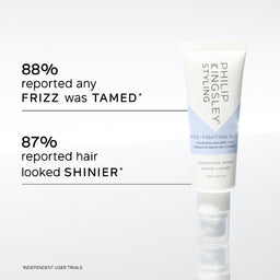 Philips Styley Frizz-Fighting Gloss smoothing serum in a white squeeze tube with a light blue accent band, shown on a light gray background with promotional text about reported hair shine and fragrance.
