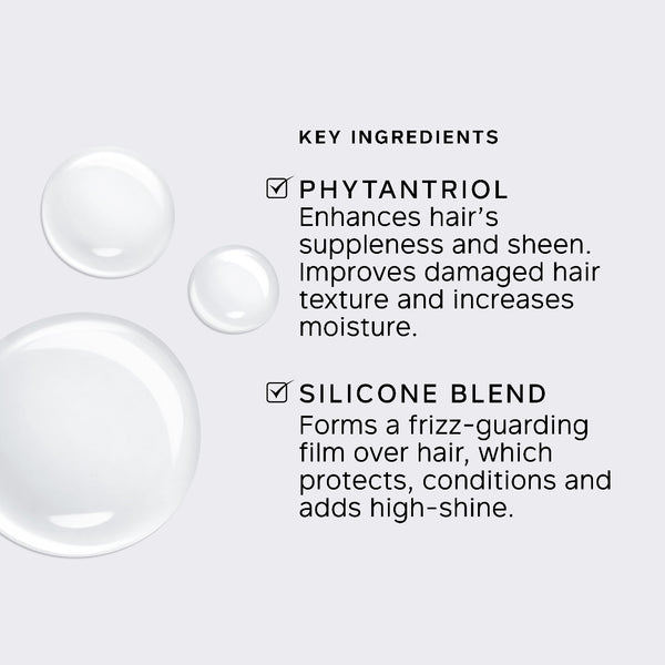 A light gray informational graphic with three translucent droplets on the left and text on the right reading 'KEY INGREDIENTS' and 'PHYTANTRIOL' and 'SILICONE BLEND' with brief descriptions.