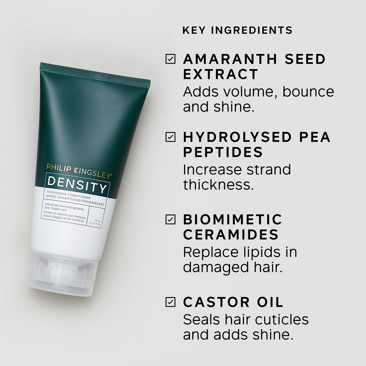 Tube of Philip Kingsley Density product with key ingredients listed on a light gray background
