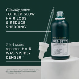 Philip Kingsley Density preserving scalp drops in a dark bottle with a clear dropper, displayed on a white pedestal against a dark green background with promotional text.