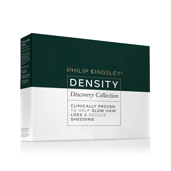 Philip Kingsley Density Discovery Collection hair loss and reduction product box, featuring a dark green top half with gold and white text and a white bottom half, shown on a clean white background.