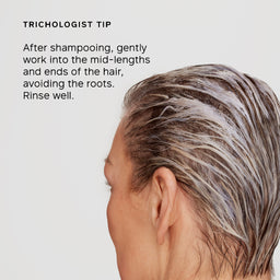 Person with gray hair and trichologist tip text on a light background
