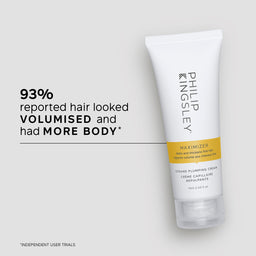 Philip Kingsley hair volumizing cream on a gray background with text about hair volume.
