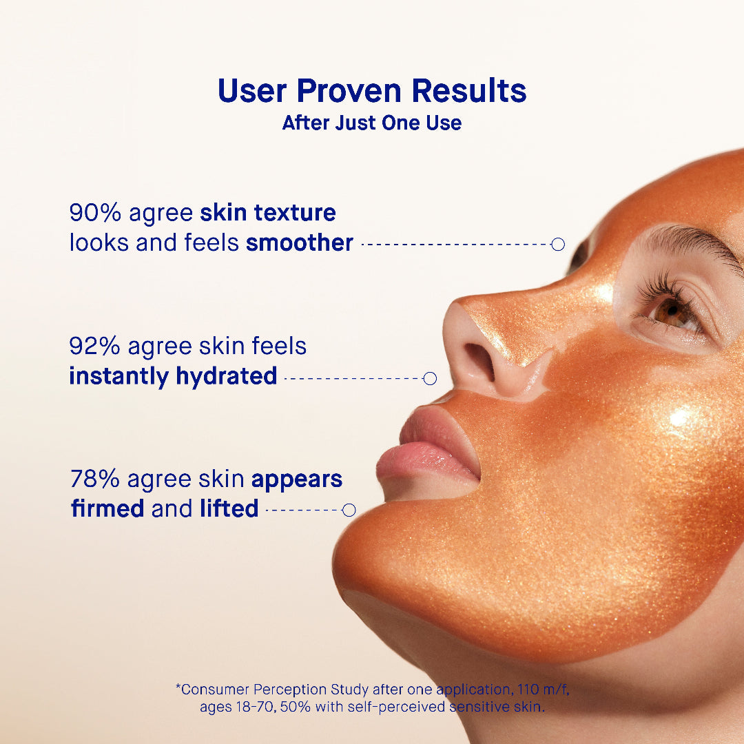 Advertisement showing a woman's face with skin texture improvements after use, on a light background.