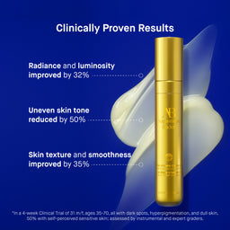 Gold skincare bottle with clinical results on a blue background