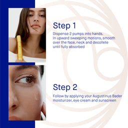 Instructions for using a skincare product with a woman applying it and close-up of skin.