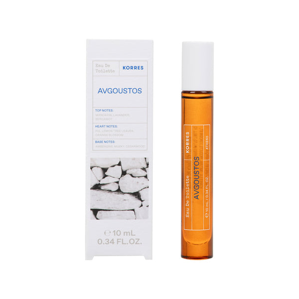 Korres Avgoustos perfume bottle and packaging on a white background