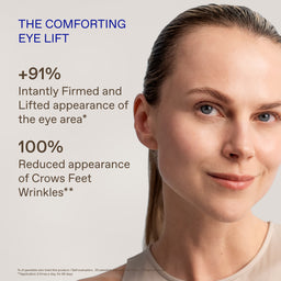 Close-up portrait of a woman with text on the left reading 'THE COMFORTING EYE LIFT' and claims about the eye area, on a light neutral background.
