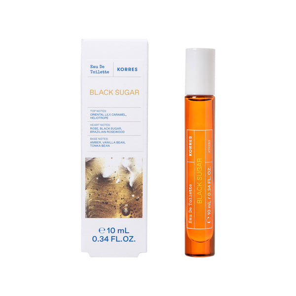 Korres Black Sugar perfume bottle and packaging on a white background