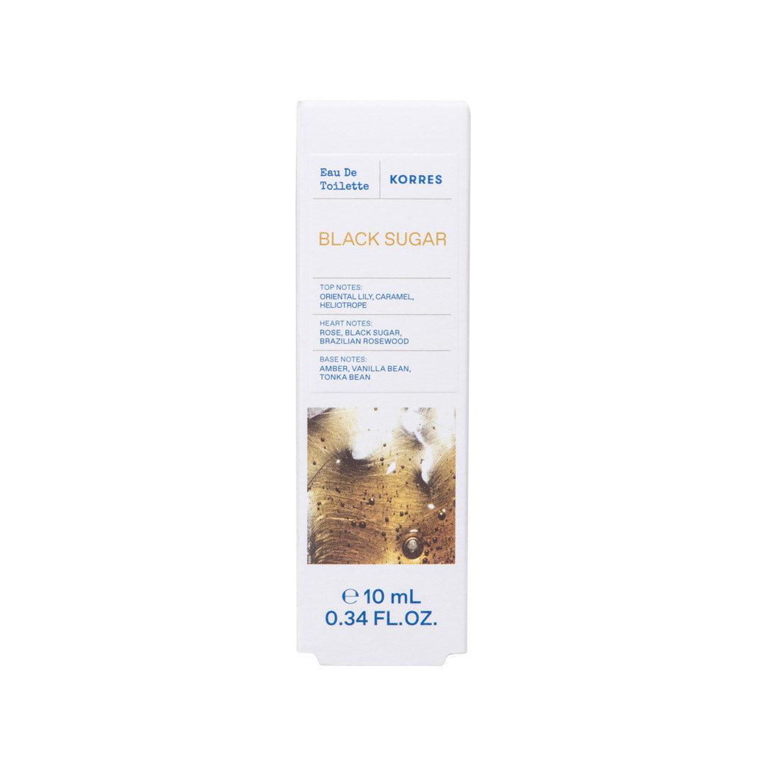 A white rectangular bottle of Kordes Black Sugar Eau De Toilette with blue and gold text, set against a plain white background.