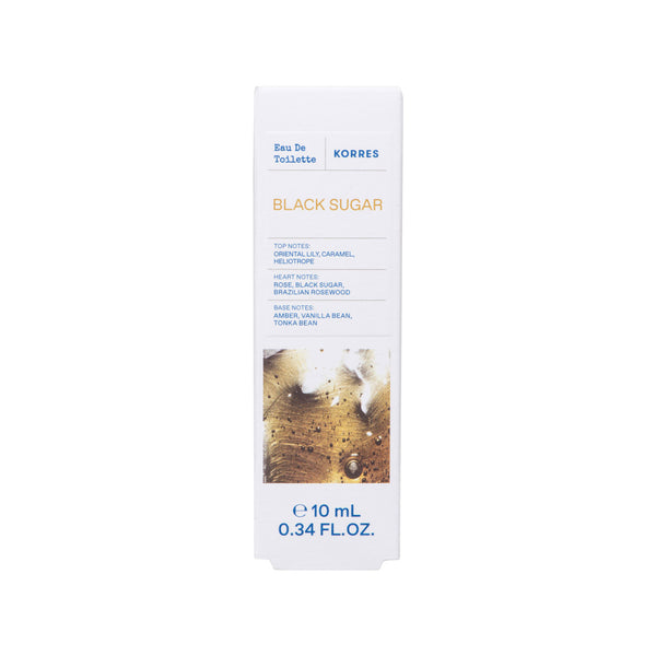A white rectangular bottle of Kordes Black Sugar Eau De Toilette with blue and gold text, set against a plain white background.