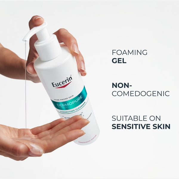 Eucerin Demopure foaming gel being dispensed onto a hand with product details on a white background.