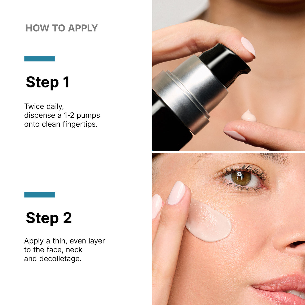Instructions on how to apply a skincare product with close-up of application.
