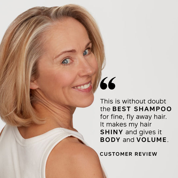 Woman with blonde hair and a white shirt, with a customer review quote about shampoo.