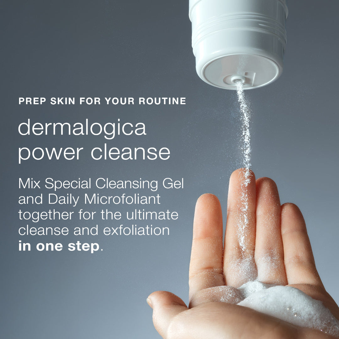 Dermalogica power cleanse product being dispensed onto a hand with text on a gray background.