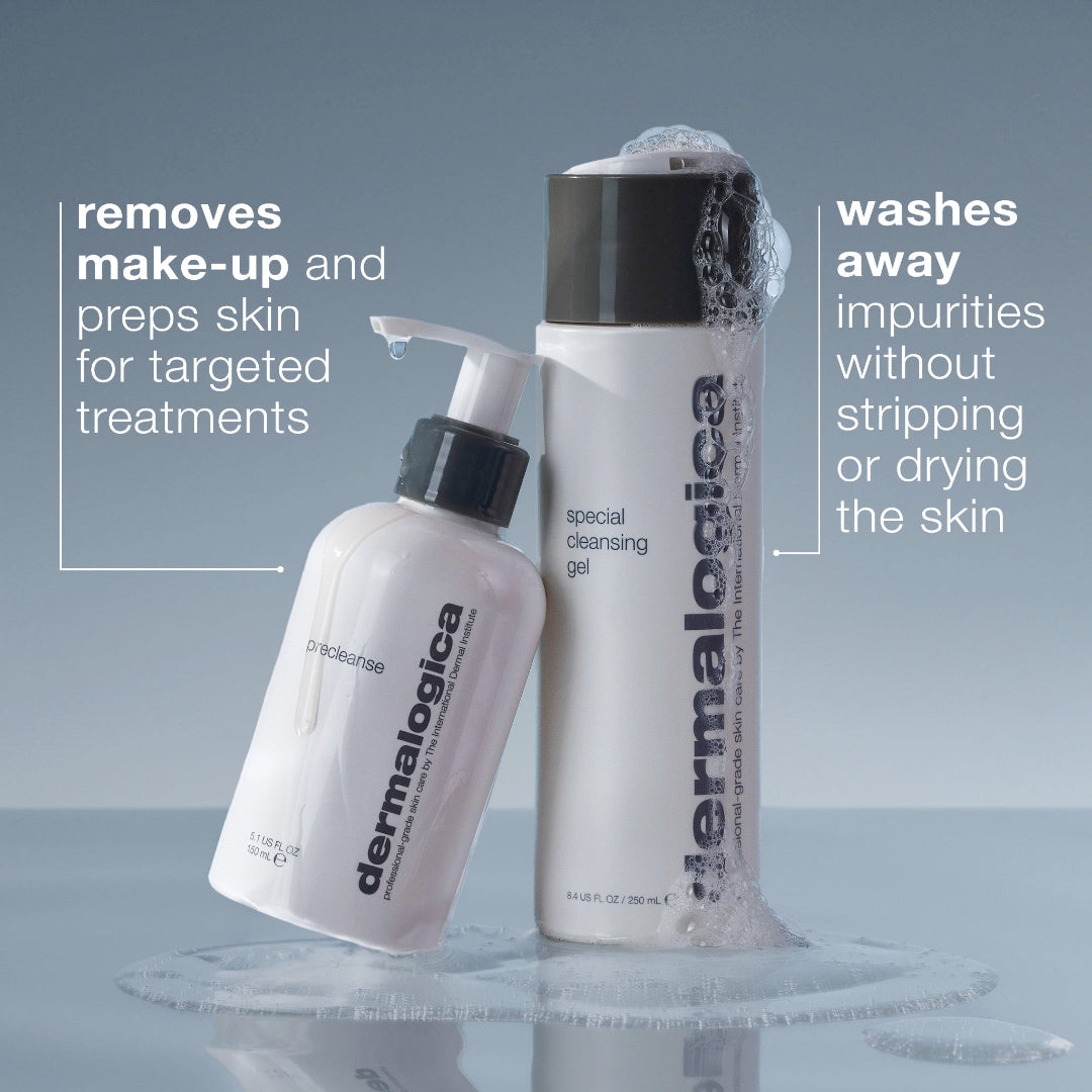 Two Dermalogica skincare products on a gray background with text describing their functions.