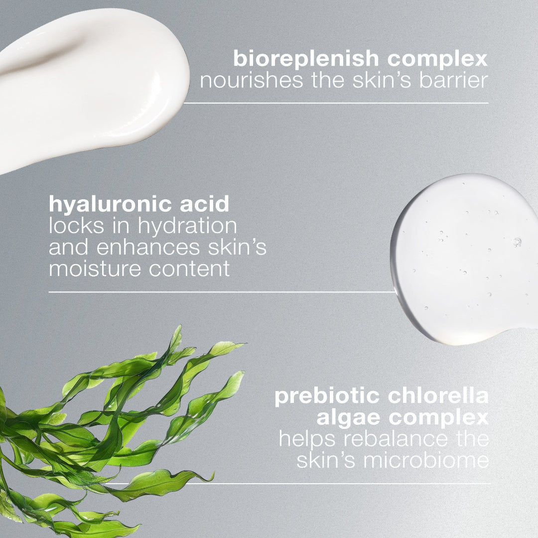Skincare product droplets with text on a gray background