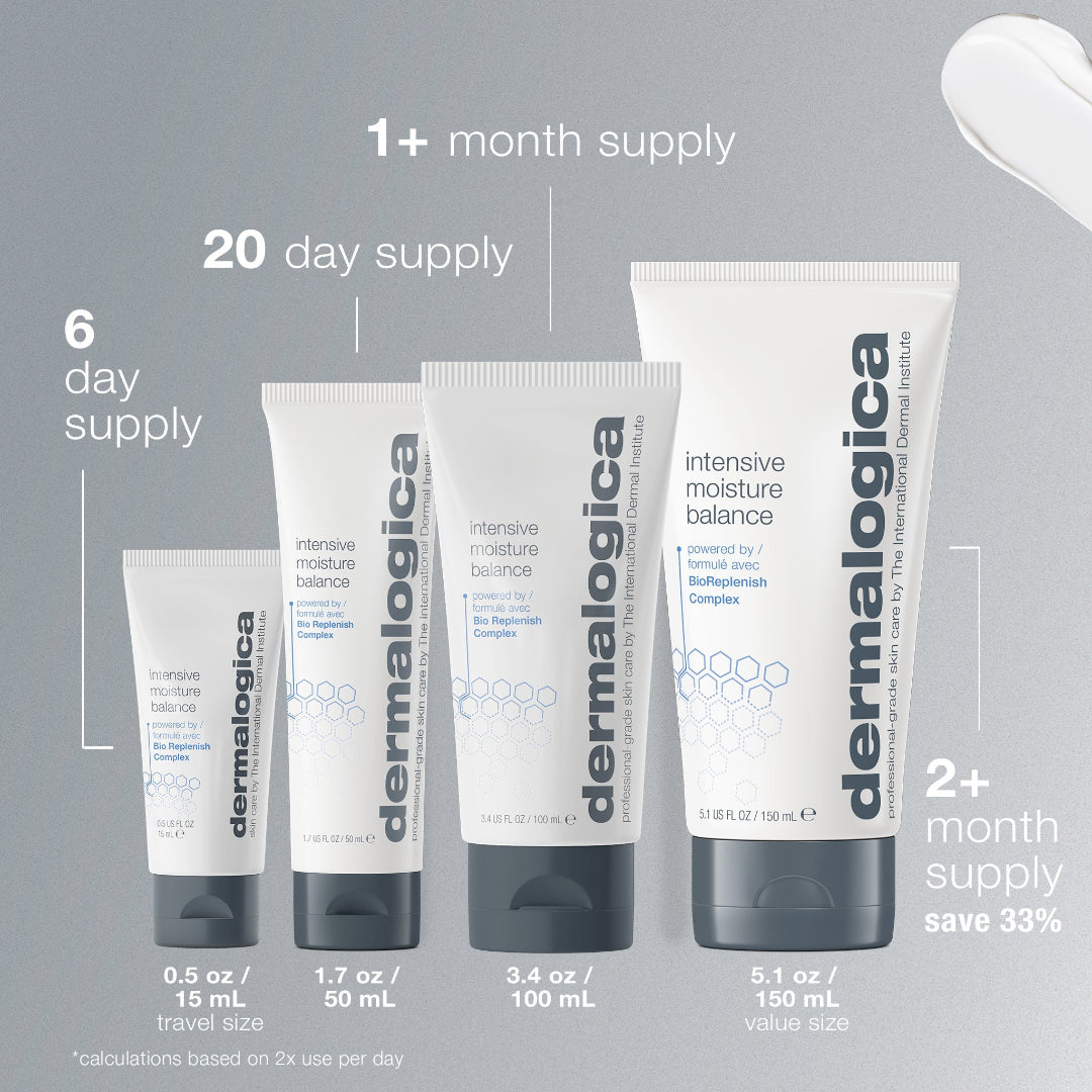 Dermalogica skincare products with supply information on a gray background