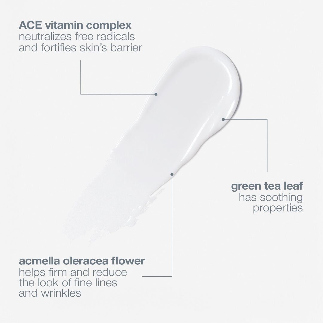 Close-up of a skincare product with text highlighting ingredients and their benefits on a light gray background.