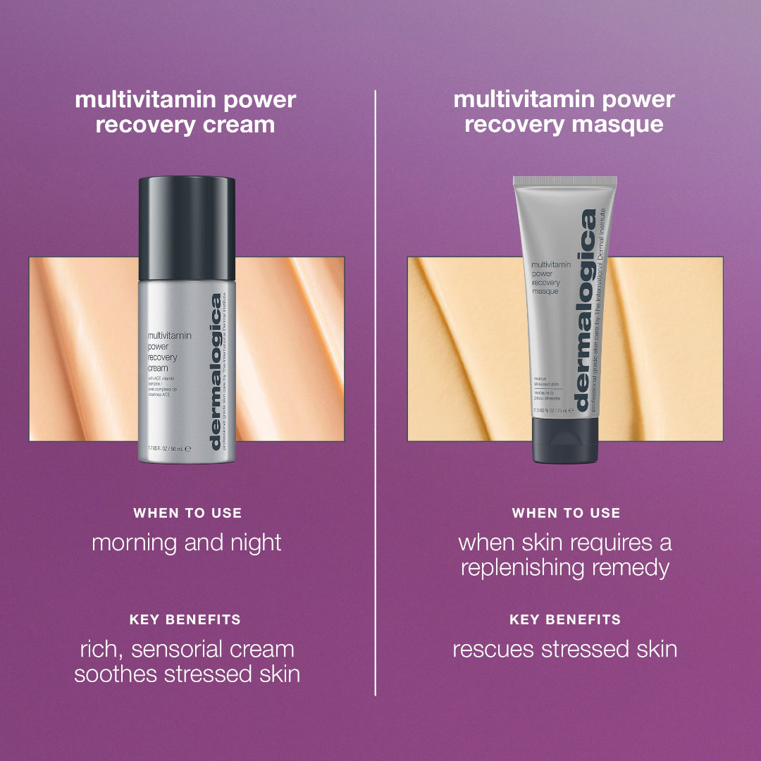 Dermalogica multivitamin power recovery cream and masque on a purple background