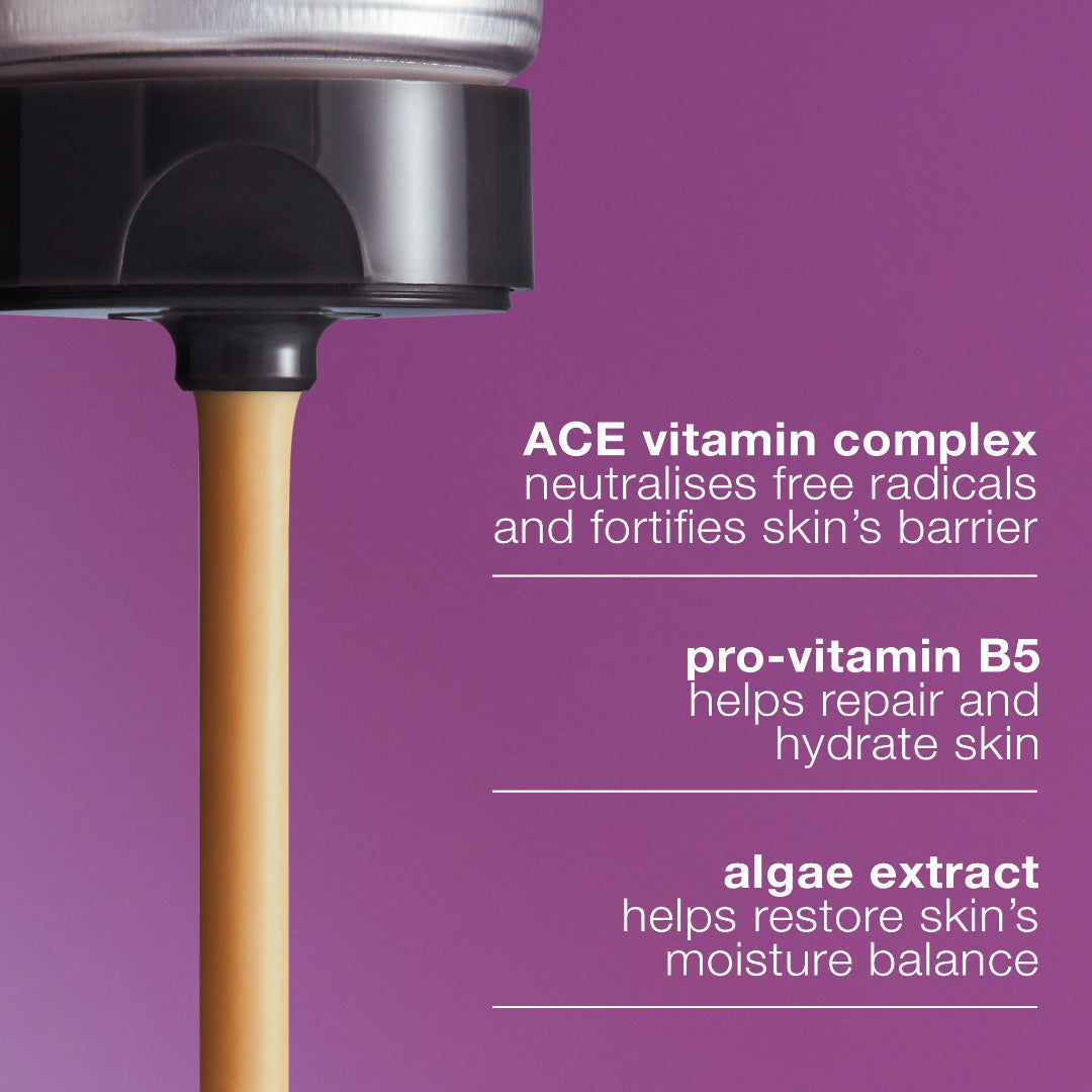 Skincare product with text detailing ingredients on a purple background