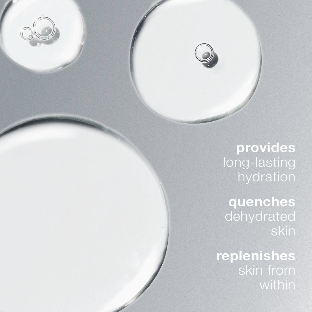 Close-up of a skincare product with droplets on a gray background and text about hydration.