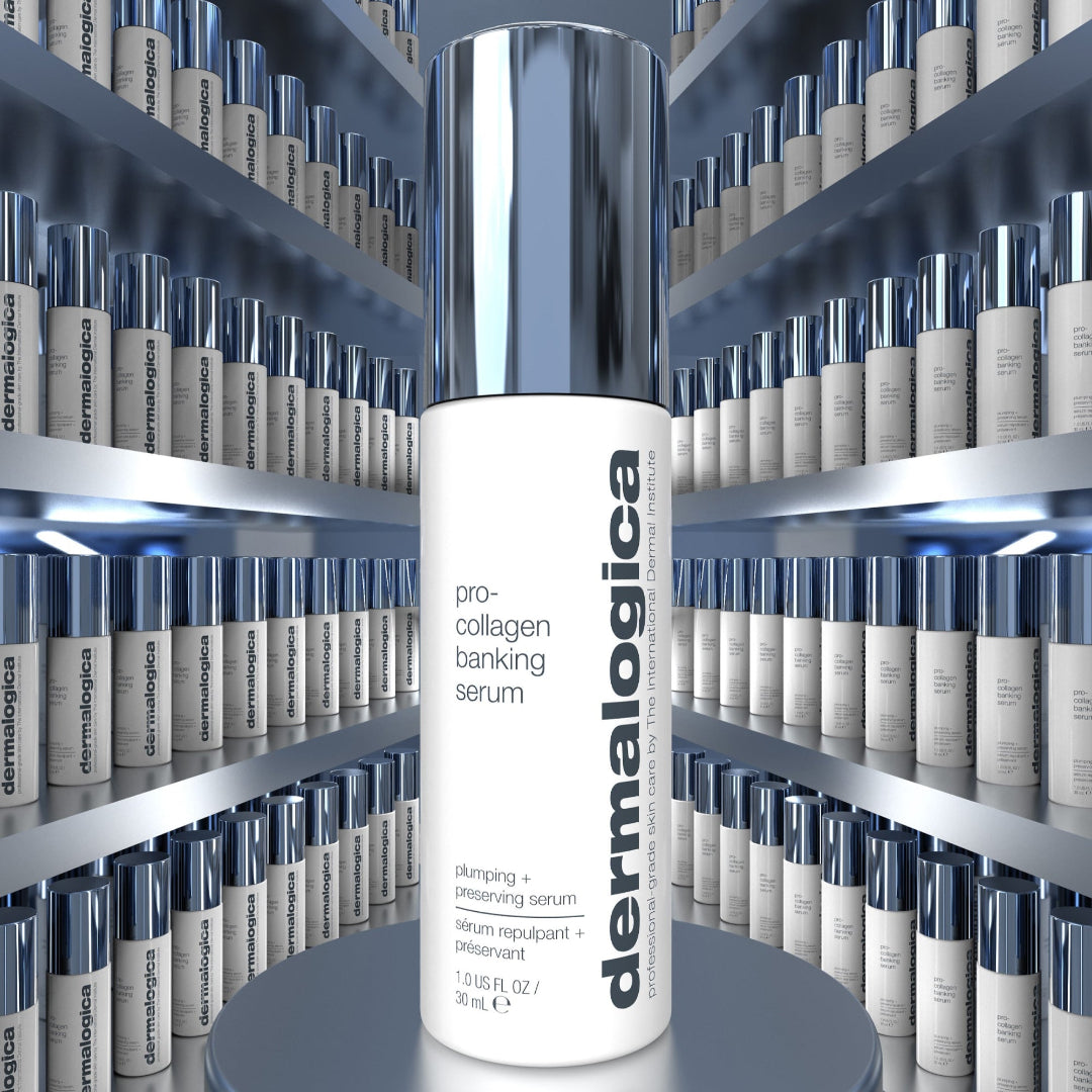 Dermalogica skincare serum bottle in front of shelves filled with Dermalogica products