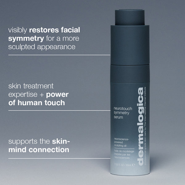 Dermalogica neurotouch symmetry serum bottle on a gray background with text about its benefits.