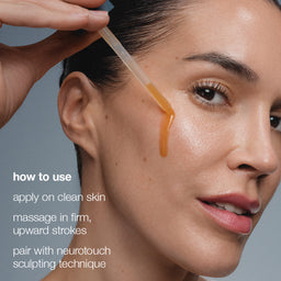 Woman applying a skincare product with text on how to use it.
