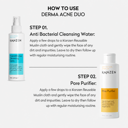 Instructional graphic for the KANZEN Derma Acne Duo, showing two product bottles with text instructions for Step 01 Anti Bacterial Cleansing Water and Step 02 Pore Purifier on a light gray background.