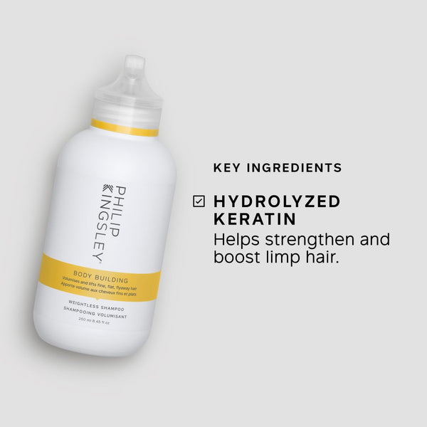 White shampoo bottle with yellow label on a gray background, featuring Philip Kingsley branding.