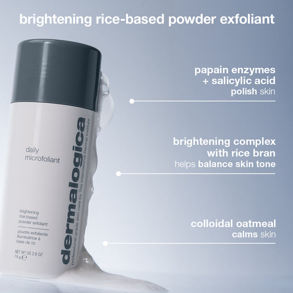 Dermalogica Brightening Rice-Based Powder Exfoliant in a white and dark gray squeeze bottle, shown with descriptive text callouts on a light blue gradient background.