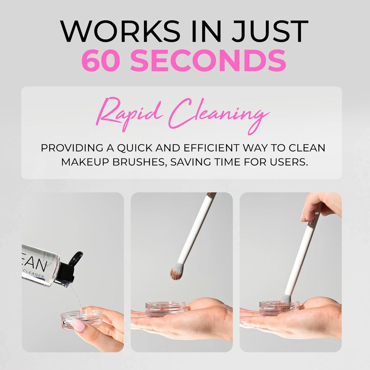 Makeup brush cleaning product with text indicating rapid cleaning in 60 seconds.