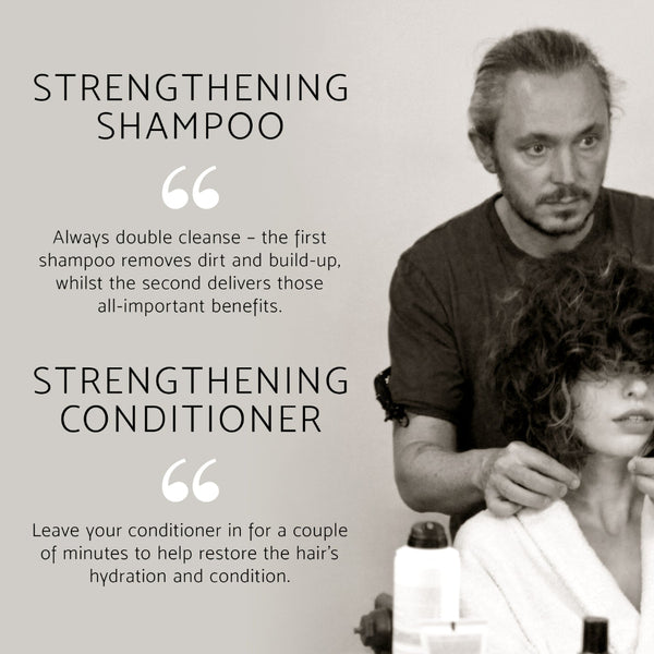 Promotional graphic for hair care products with text reading 'STRENGTHENING SHAMPOO' and 'STRENGTHENING CONDITIONER' alongside a grayscale photo of a man styling a woman's hair. Small shampoo and conditioner bottles are visible at the bottom.