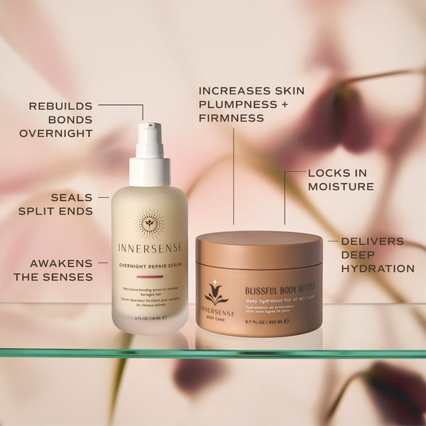 Two skincare products from InnerSense displayed on a glass shelf with soft-focus floral background and callout text describing product benefits. The left product is a frosted cream bottle labeled Overnight Repair Serum, and the right product is a metallic rose-gold jar labeled Blissful Body Butter.