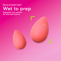 Beautyblender on a pink background with text about its use.